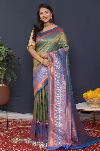 Olive green banarasi silk blend saree with blue zari border & woven pallu