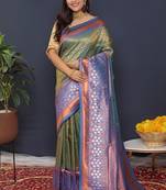 Olive green banarasi silk blend saree with blue zari border & woven pallu