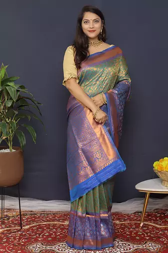 Olive green banarasi silk blend saree with blue zari border & woven pallu