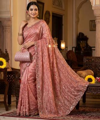 Peach Color Beeds Work Silk Blend Saree 1