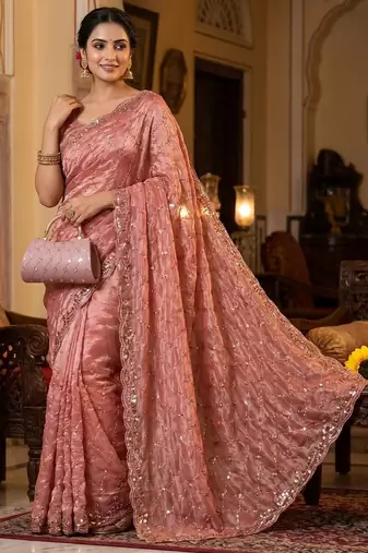 Peach Color Beeds Work Silk Blend Saree