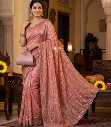 Peach Color Beeds Work Silk Blend Saree