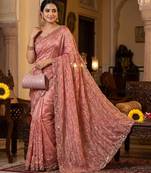 Peach Color Beeds Work Silk Blend Saree