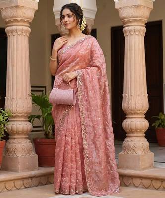 Peach Color Beeds Work Silk Blend Saree 2
