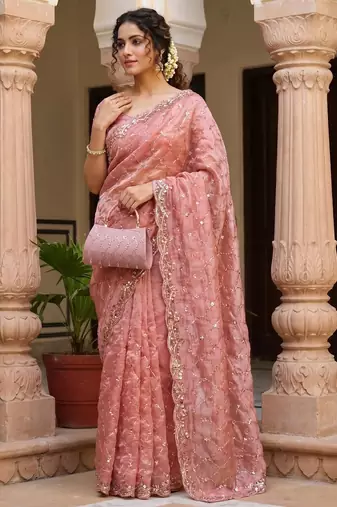 Peach Color Beeds Work Silk Blend Saree