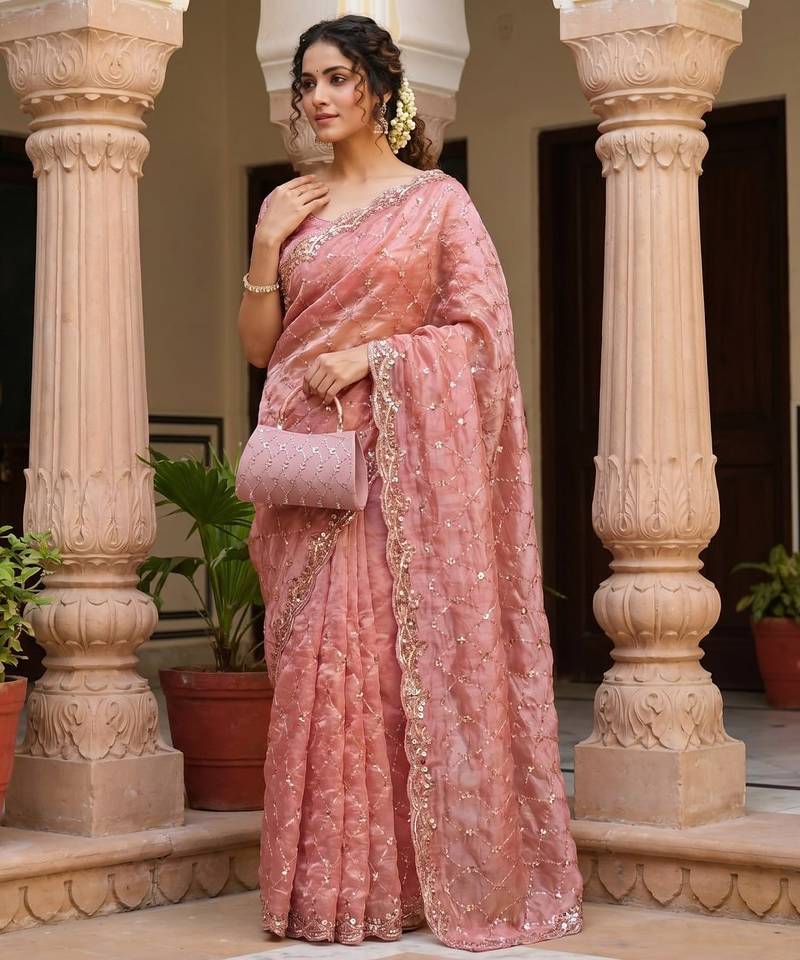 Peach Color Beeds Work Silk Blend Saree