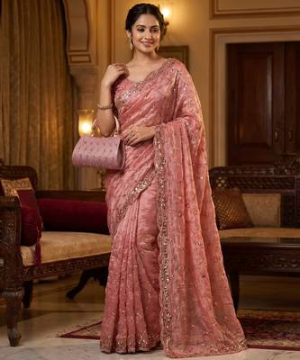 Peach Color Beeds Work Silk Blend Saree 3