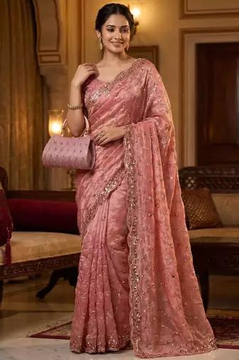 Peach Color Beeds Work Silk Blend Saree