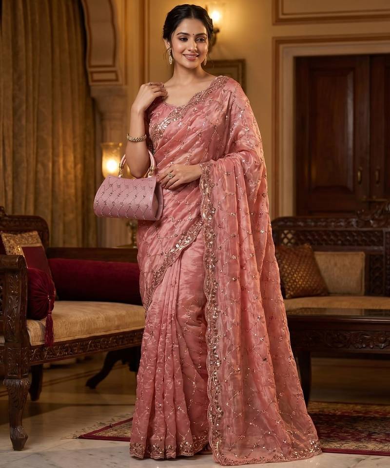 Peach Color Beeds Work Silk Blend Saree