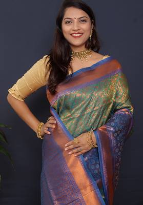 Olive green banarasi silk blend saree with blue zari border & woven pallu 4