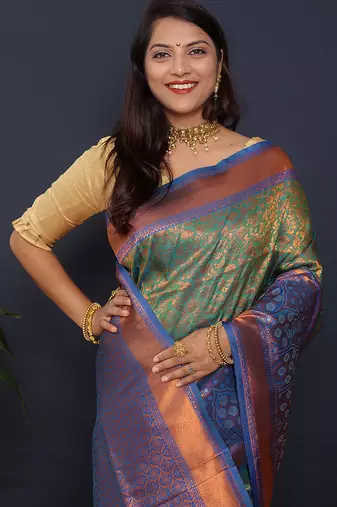 Olive green banarasi silk blend saree with blue zari border & woven pallu