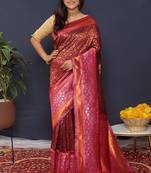 Wine banarasi silk blend saree with rani pink zari border & woven pallu