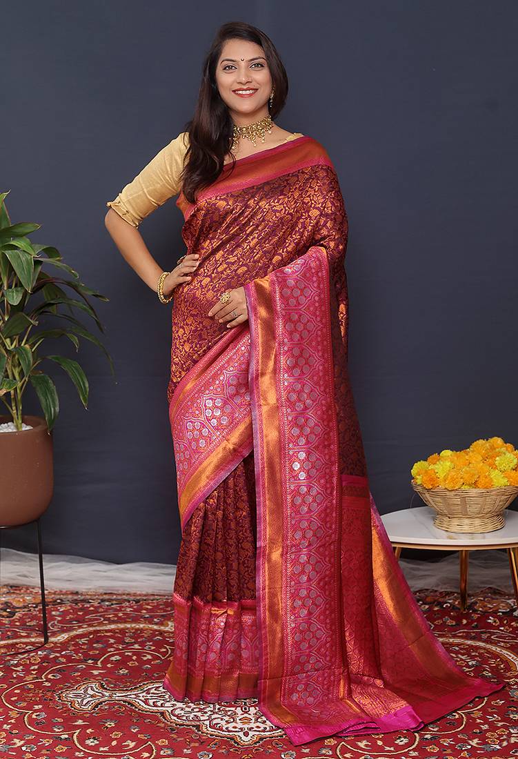 Wine banarasi silk blend saree with rani pink zari border & woven pallu