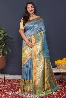 Sky blue banarasi silk blend saree with mint green zari border & woven pallu 1