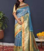 Sky blue banarasi silk blend saree with mint green zari border & woven pallu