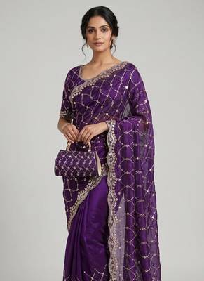 Purple Color Beeds Work Silk Blend Saree 1