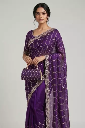Purple Color Beeds Work Silk Blend Saree