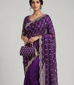 Purple Color Beeds Work Silk Blend Saree