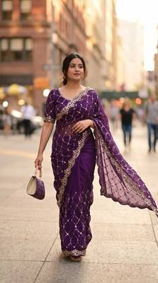 Purple Color Beeds Work Silk Blend Saree 2
