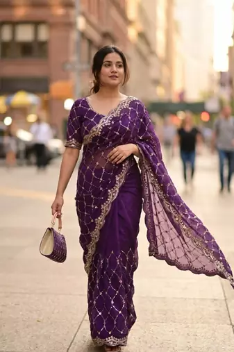 Purple Color Beeds Work Silk Blend Saree