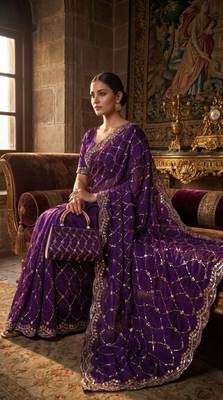 Purple Color Beeds Work Silk Blend Saree 3