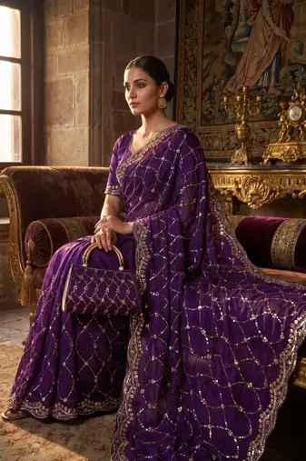Purple Color Beeds Work Silk Blend Saree