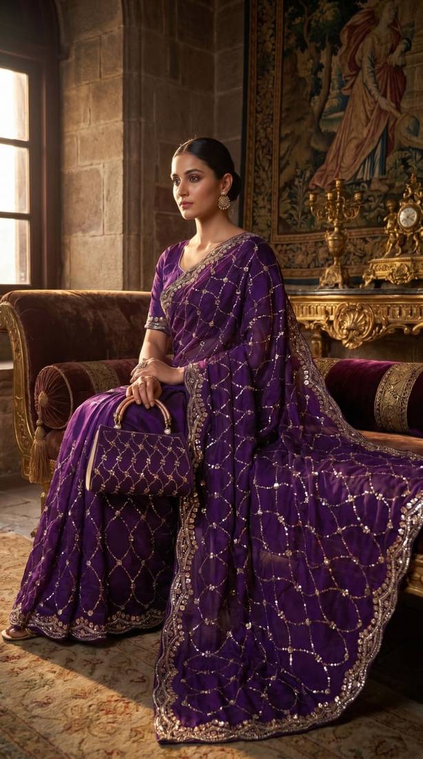 Purple Color Beeds Work Silk Blend Saree