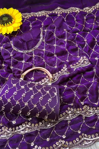 Purple Color Beeds Work Silk Blend Saree