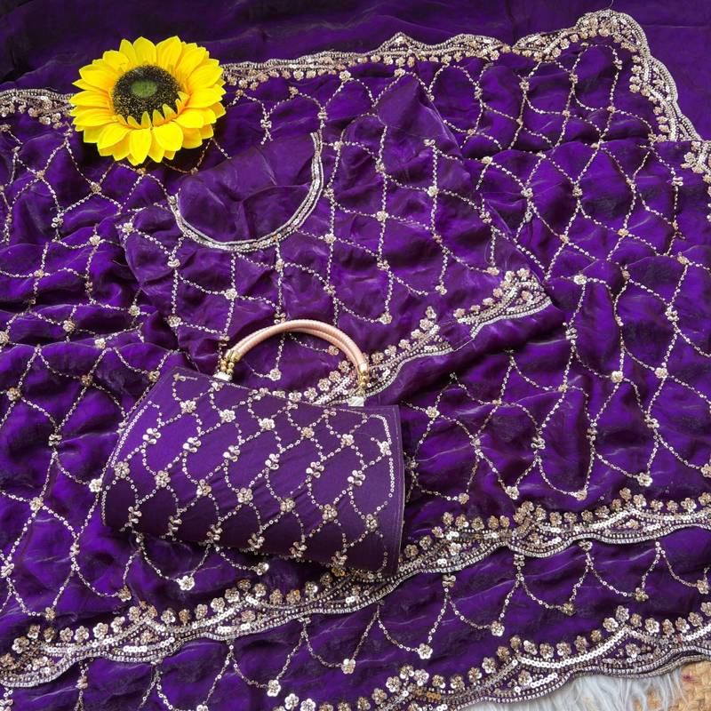 Purple Color Beeds Work Silk Blend Saree