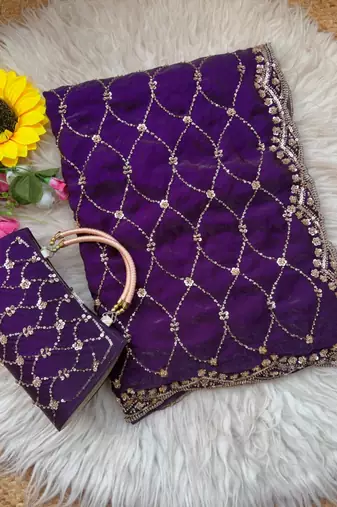 Purple Color Beeds Work Silk Blend Saree
