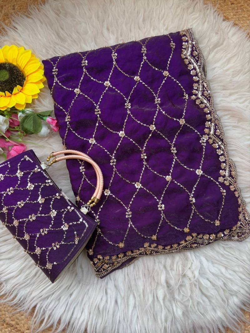 Purple Color Beeds Work Silk Blend Saree