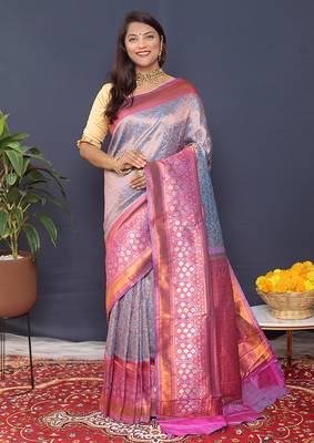 Greyish blue banarasi silk blend saree with pink zari border & woven pallu 1