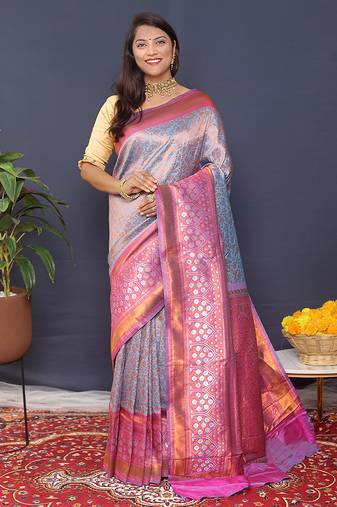 Greyish blue banarasi silk blend saree with pink zari border & woven pallu