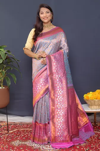 Greyish blue banarasi silk blend saree with pink zari border & woven pallu