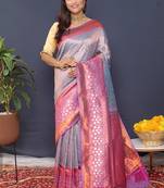 Greyish blue banarasi silk blend saree with pink zari border & woven pallu