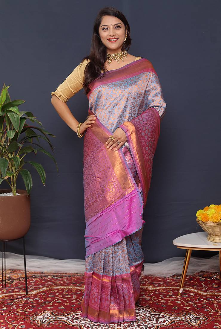 Greyish blue banarasi silk blend saree with pink zari border & woven pallu