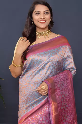 Greyish blue banarasi silk blend saree with pink zari border & woven pallu