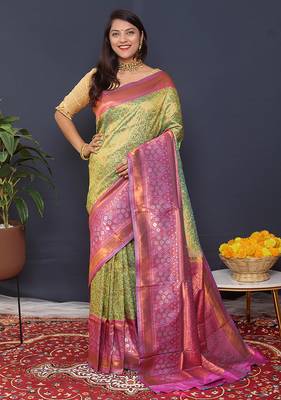 Lime green banarasi silk blend saree with mauve pink zari border & woven pallu 1
