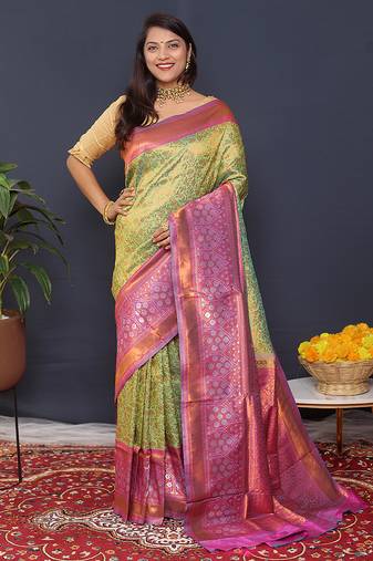 Lime green banarasi silk blend saree with mauve pink zari border & woven pallu