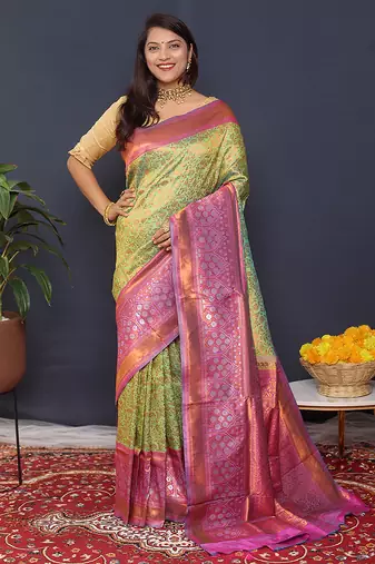 Lime green banarasi silk blend saree with mauve pink zari border & woven pallu