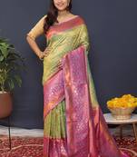 Lime green banarasi silk blend saree with mauve pink zari border & woven pallu