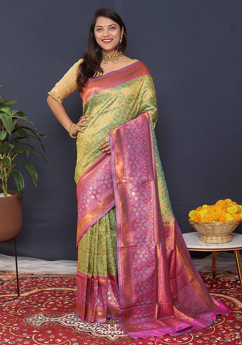 Lime green banarasi silk blend saree with mauve pink zari border & woven pallu