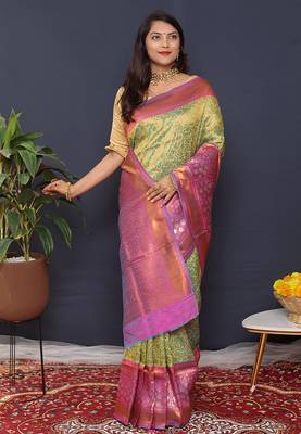 Lime green banarasi silk blend saree with mauve pink zari border & woven pallu 2