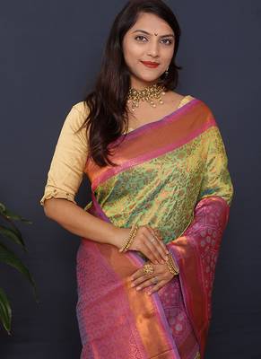 Lime green banarasi silk blend saree with mauve pink zari border & woven pallu 4