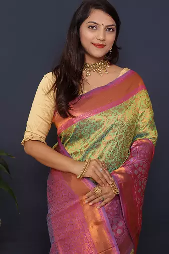 Lime green banarasi silk blend saree with mauve pink zari border & woven pallu