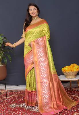 Parrort green banarasi silk blend saree with peach pink zari border & woven pallu 1