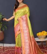 Parrort green banarasi silk blend saree with peach pink zari border & woven pallu