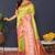 Parrort green banarasi silk blend saree with peach pink zari border & woven pallu
