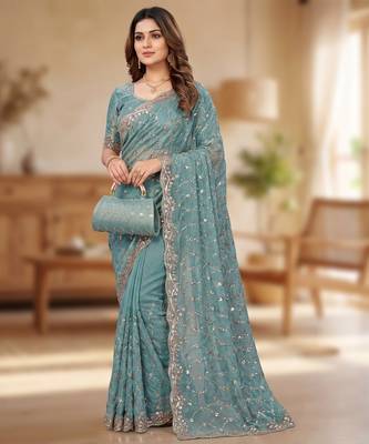 Sky Blue Color Beeds Work Silk Blend Saree 1