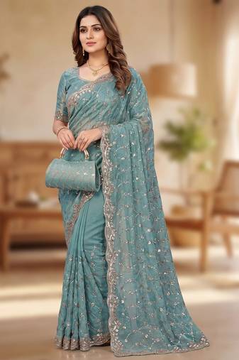 Sky Blue Color Beeds Work Silk Blend Saree